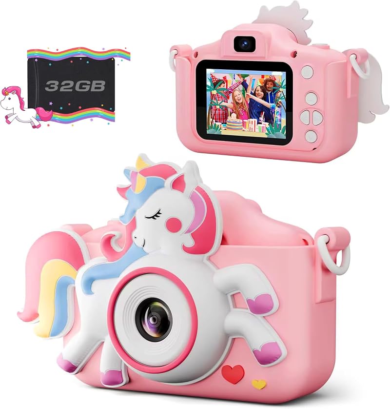 Diswoe Kids Camera 2 Inch 12MP 1080P Pink 32GB Card Available for Ages 3-12