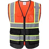 Ekkosafety Reflective Mesh Safety Vest for Men Women with 5 Pockets and Zipper Front High Visibility Mesh Vest Hi Vis Construction Work Vest,Meets ANSI/ISEA Standards(EK175-Orangeblack-M)