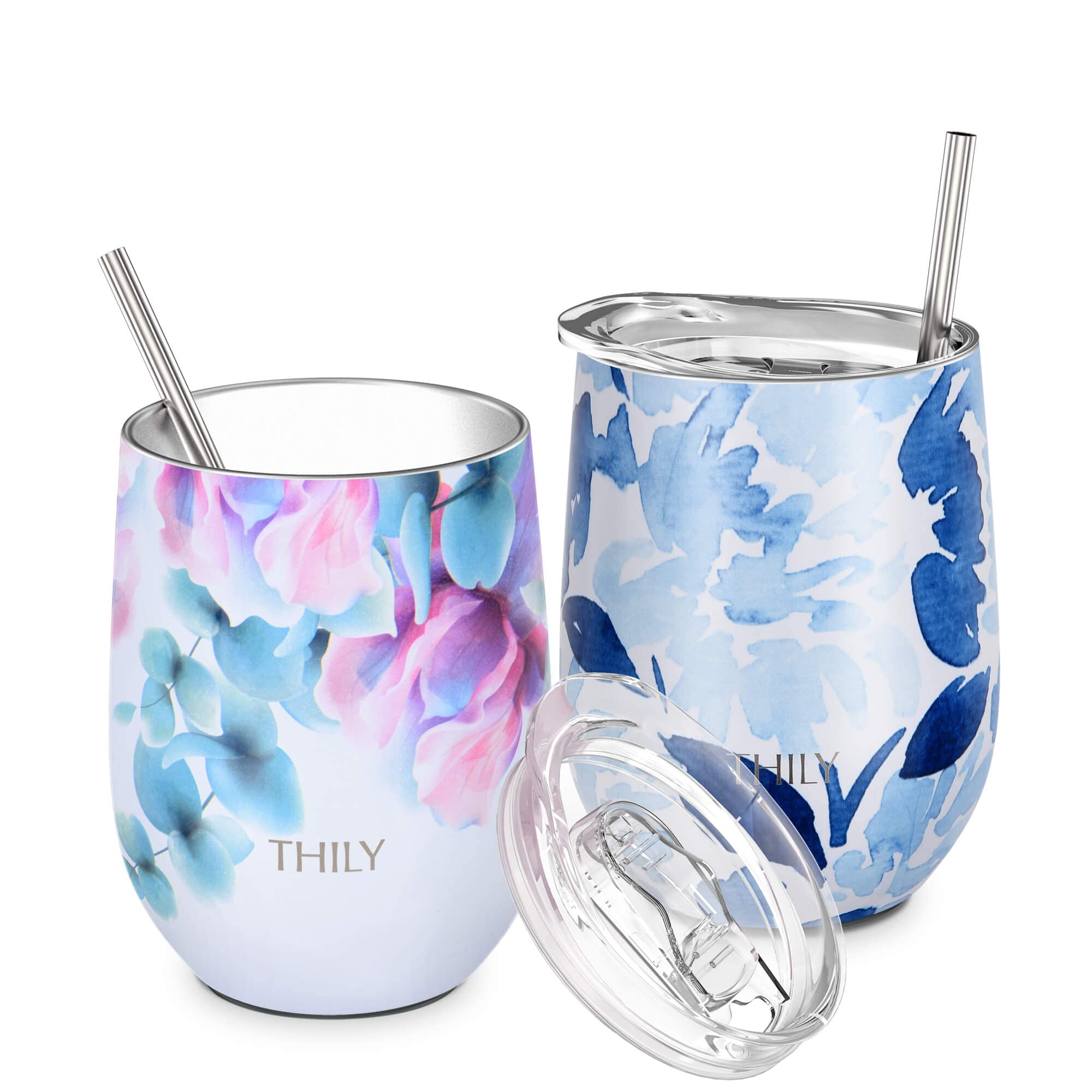 THILY Vacuum Insulated Stemless Wine Tumbler 12 oz Stainless Steel Wine Glass with Lid and Straw, Keep Drinks Cold or Hot, Christmas Birthday Gift, 2 Pack(Pink Lilies + Blue Maple)