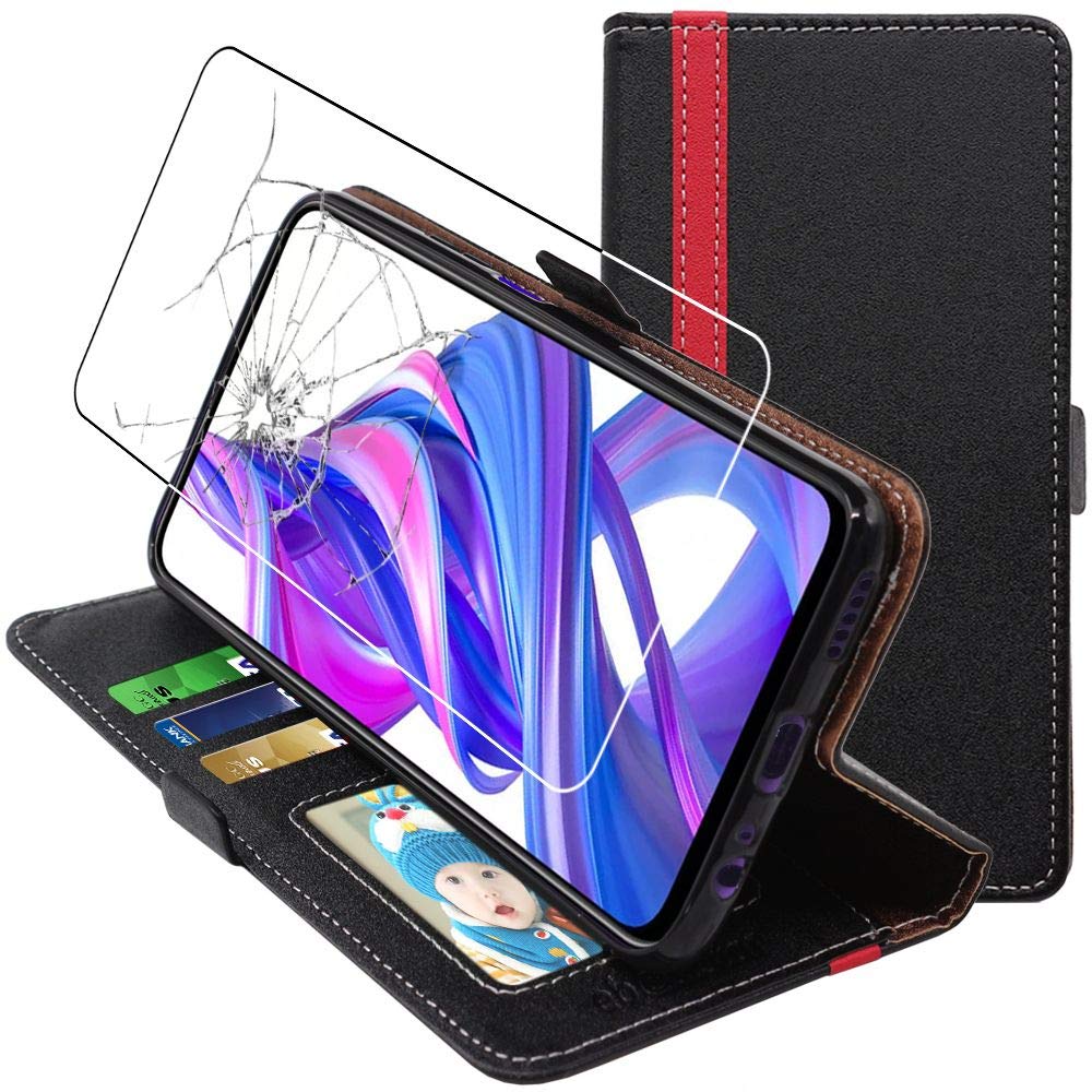 ebestStar - for Honor 9X Wallet Case 9X Pro, Magnetic Flip Cover Protection, PU Leather Card Holder, Black/Red + Glass Screen Protector