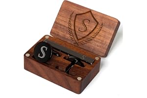 PROPHET CLUE PC Mens Initial Cufflinks and Tie Clip A-Z Alphabet Letter Black Stainless Cuff Links Tie Bar with Engraved Walnut Wood Box Groom Groomsman Wedding Set