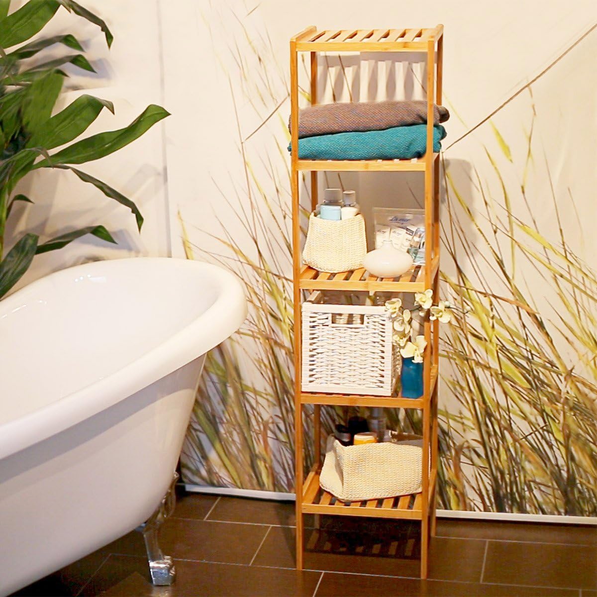 Relaxdays Bamboo Free-Standing Bathroom Storage Unit, with 5 Shelves, Size: 140 x 34 x 34 cm, Wood, Natural Brown - Image 3