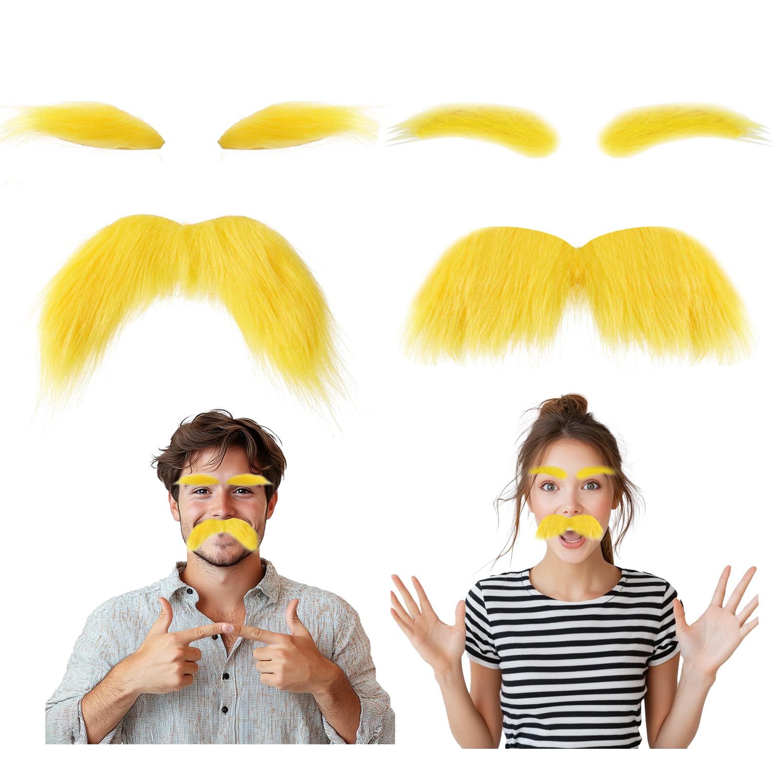 YONEEKSS 2 PCS Fake Yellow Mustache and Eyebrows, Self Adhesive Fake Lorax Beard Funny Novelty Moustaches, Fake beard facial hair Costume Accessories for Halloween Party Favors Cosplay