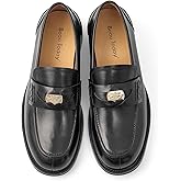 BEAU TODAY Platform Loafers for Women,Chunky Loafers Women,Leather Comfortable Shoes,Lug Sole Metal Buckle Business Work Shoes Black