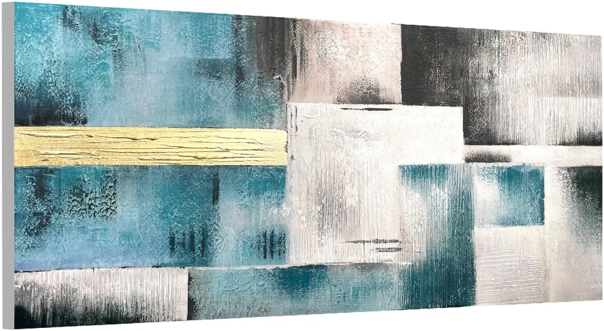 Paintings - GUMEYJIA Blue Abstract Wall Art Decor Hand-Painted Abstract Oil Painting on Canvas Gallery Wrapped Large Framed Blue Grey Gold Foil Abstract Artwork Suitable for Living Room Bedroom Office Decor 20x40 Inch X1 Piece