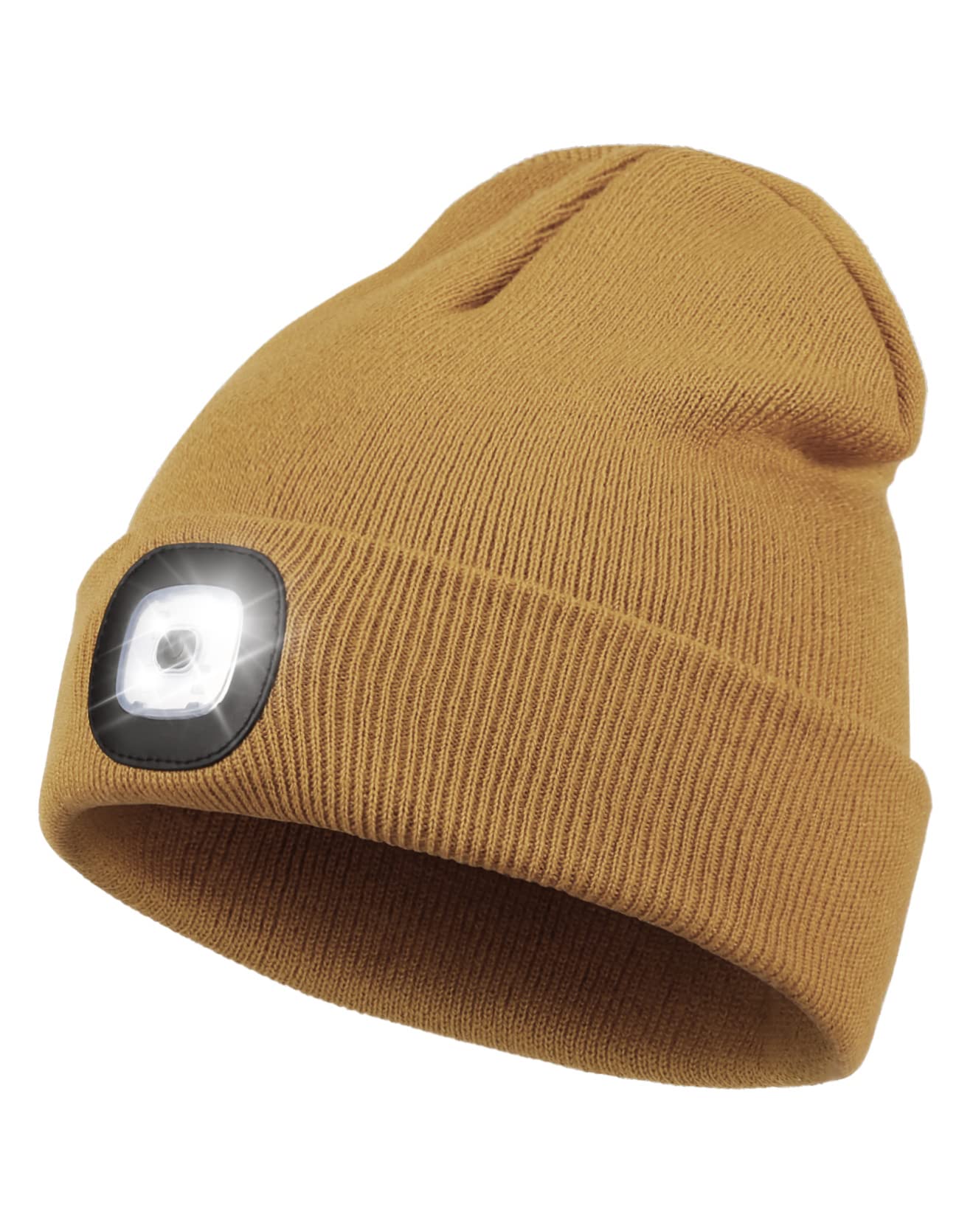 Rechargeable LED Lighted Beanie, Perfect Dad Gifts in Christmas, Stocking Fillers Cap with Light Hands Free Head Torch Unisex Winter Warm Knit Beanie Light Yellow