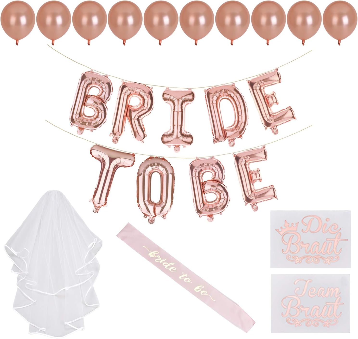 Hen Party Accessories, Hen Party Decorations for Bachelorette Party | Banner + Sash + White Veil with Comb + 10 Ballons + 20 Tattoos for Bride to be, Team Bride