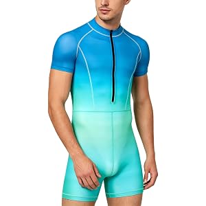 Lejafay Men's Gradient Bodysuit Rash Guard Short Sleeve Front Zipper Athletic One Piece Swimsuit Clubwear