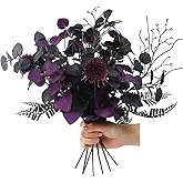 BINFEN 7pcs 18" Faux Halloween Floral Picks Tabel Centerpieces Decoration, Artificial Gothic Black Purple Eucalyptus Leaves Flowers Stems Picks Bouquet Decor (BLK-Purple)