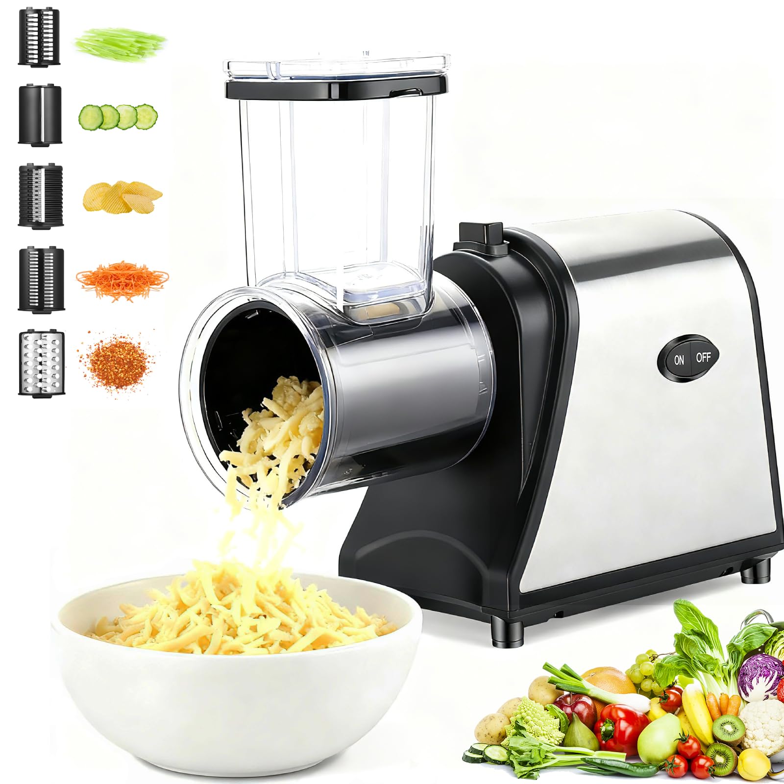 Photo 1 of ***(HEAVILY USED/ MINOR DAMAGE)***Electric Cheese Grater, 5-in-1 Vegetable Slicer & Salad Maker with Stainless Steel Blades, 250W One-Touch Electric Cheese Shredder for Block Cheese, Vegetables, Fruits and Nuts