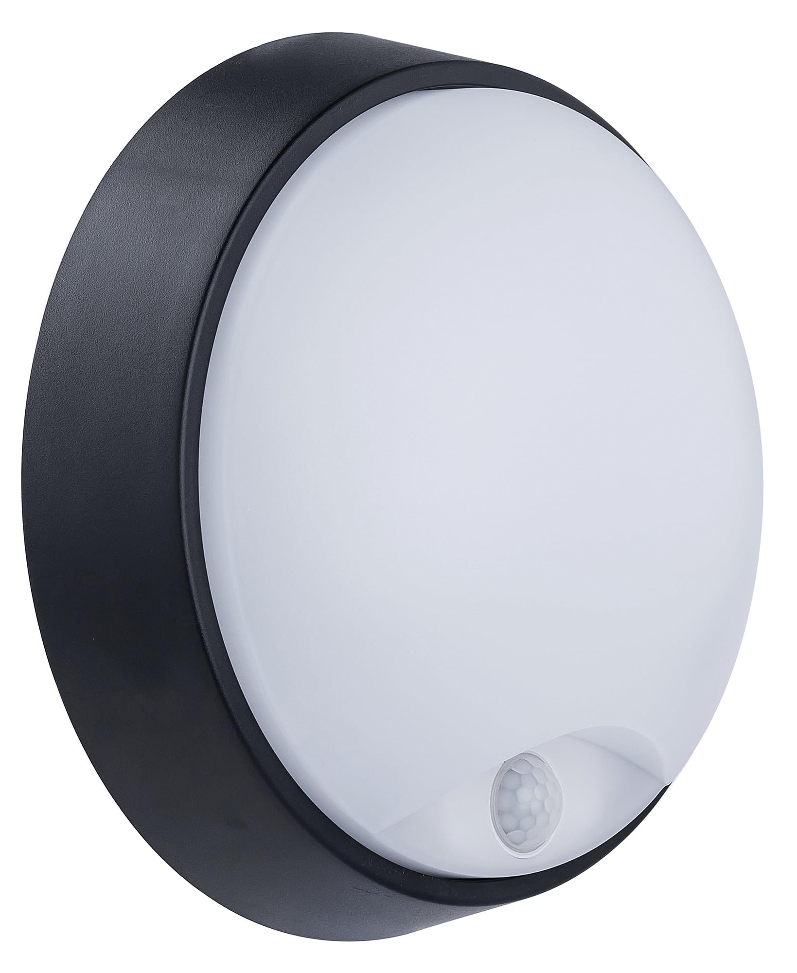 Luceco Eco Outdoor LED Bulkhead Light with PIR Motion Sensor, Decorative Exterior Lighting, Round, Black, IP54, 10W, 700lm, 4000K, EBER10P40