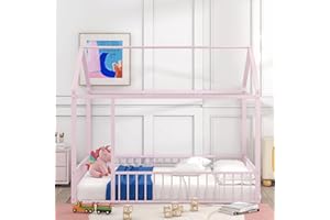 HZANHY Full House Bed for Kids, Montessori Floor Bed with Rails, Metal Floor Bed Frame for Boys Girls Toddlers, Playhouse Bed with Roof, Full Kids Bed Floor Bed with Post Foot Pads for Teen