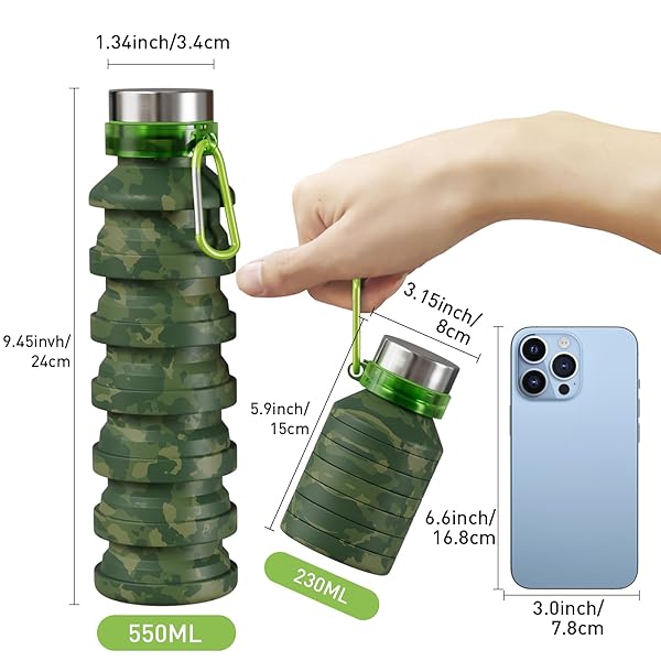 ITAX-WORLD COLLAPSIBLE WATER BOTTLE, LEAK PROOF TWIST CAP FOLDABLE TRAVEL WATER BOTTLES, ODORLESS SILICONE BPA FREE PORTABLE SPORT WATER BOTTLES FOR HIKING, CAMPING, CYCLING, GYM, FISHING 550ML/18OZ