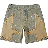 BEAUDRM Men's Star Patchwork Denim Shorts Distressed Vintage Rhinestone Jeans Jorts with Pockets