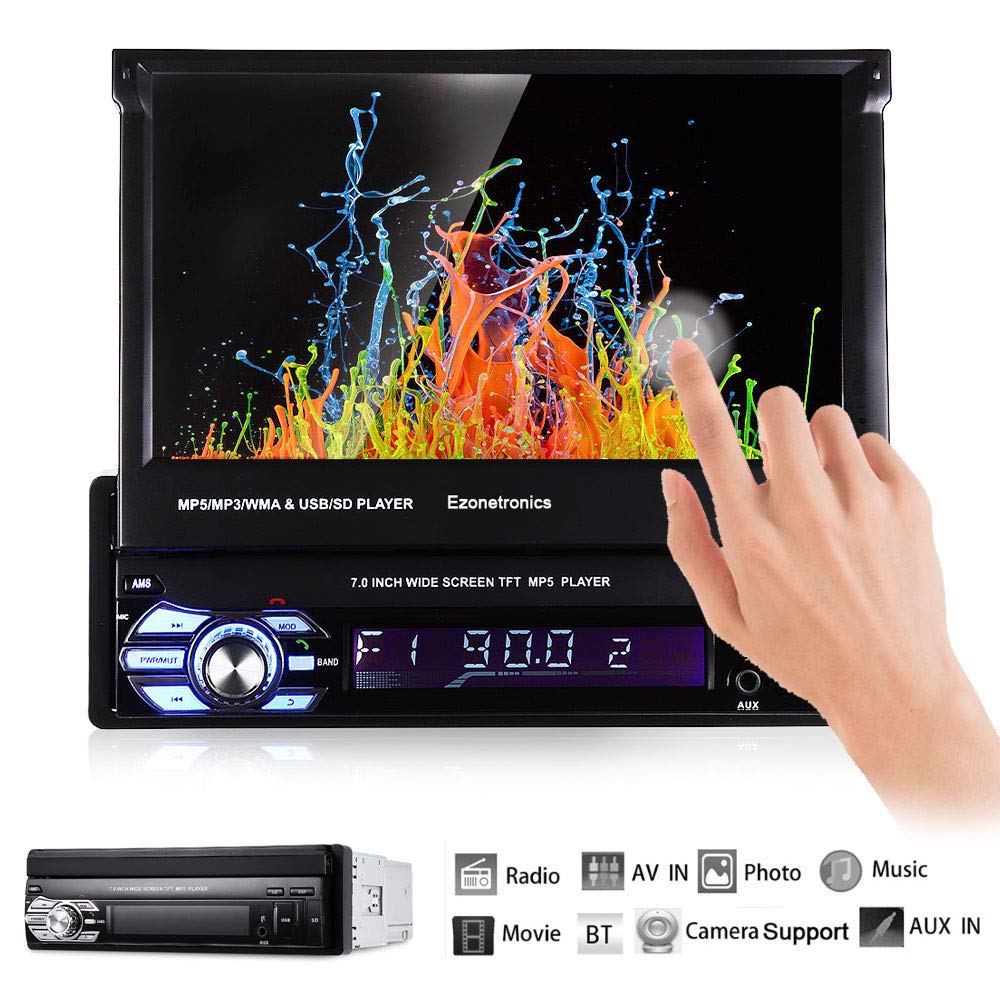 Ezonetronics Single 1Din 7 inch Slip Down Car Stereo,in Dash 1080P TFT/LCD Touch Screen Car FM Radio Receiver with USB/SD,MP4/MP5 Car Player Support Rear Camera for Retractable Car Radio CW9601