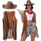PARTTELY Western Outfits for Women Cowgirl Tassel Sleeveless Vest Cowboy Hat and Paisley Bandana