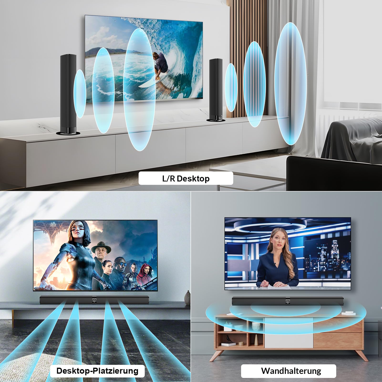 GarageRock Soundbar für TV Geräte, Teilbare 2-in-1 Set of TV Soundbar, Auto-Volume-Boost, 3 Sound Modi, Surround Soundsystem, Bluetooth 5.3, ARC/Opt/Aux, TV Lautsprecher für Fernseher, Monitor, 1pcs 2