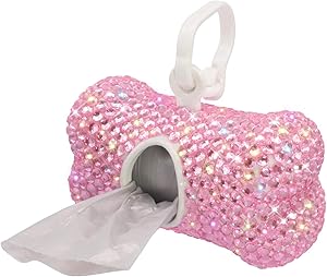 Soleebee Bling Crystal Bone Shaped Pet Waste Bag Dispenser with 1 Roll Waste Bags (Pink)