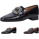 TAURAOO Women's Leather Square Toe Loafers - Chunky Platform Low Block Heel Rhinestone Buckle Slip-On Retro Dress Shoes for Chic Work Casual