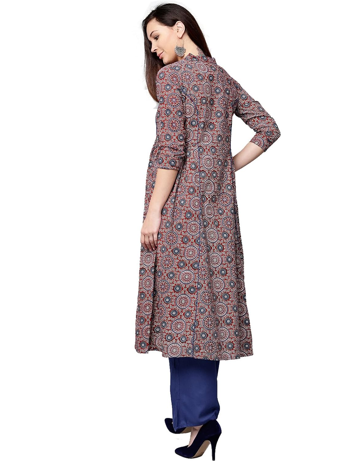 jaipur kurti women maroon & blue geometric straight cotton kurta with palazzo