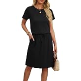 OFEEFAN Womens Summer Dresses Fashion Short Sleeve Crew Neck T Shirt Sundresses Casual Tie Waist with Pockets
