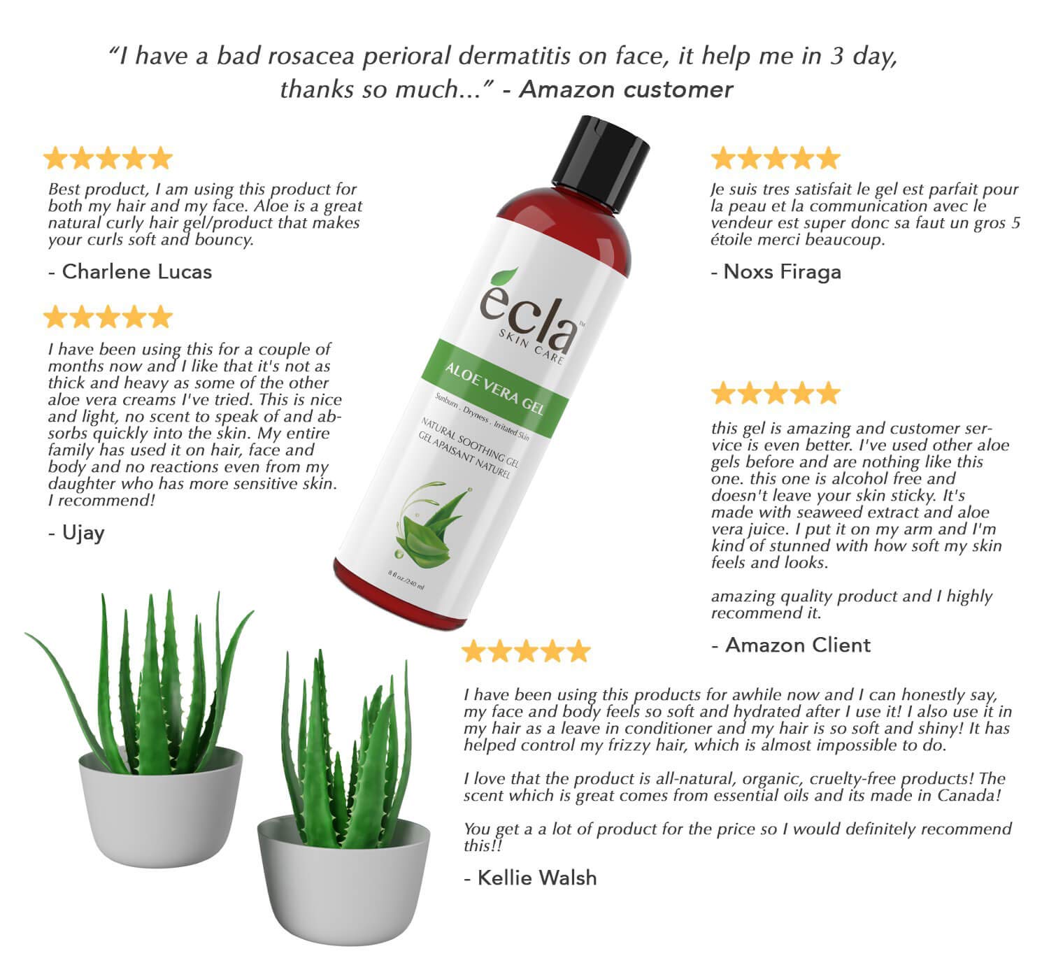 Aloe Vera Gel for Face, Body and Hair - Made with Organic 100% Pure Cold Pressed Juice, Not Powder (8 Oz - 240ml)