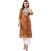 Janasya Indian Women's Georgette Brown Embroidered Casual Wear Kurta for Women