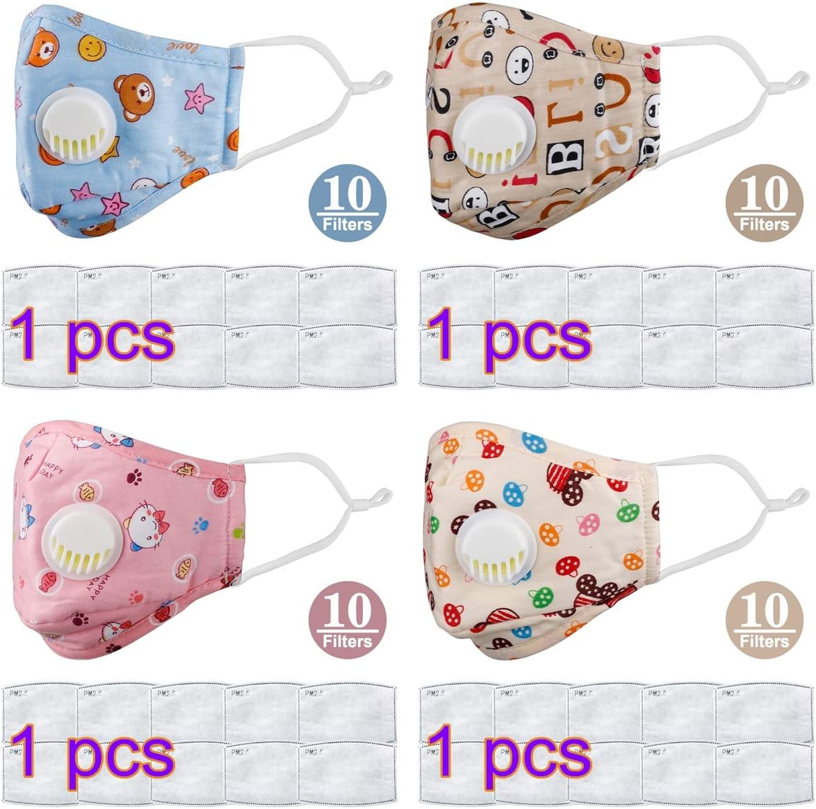 Cozyhoma 4Pack Kids Dust Mask, Anti Pollution with Activated Carbon PM2.5 Cotton Mask N95 Cute Protection Cartoon Washable Face Mask with Adjustable Straps & Nose Bridge