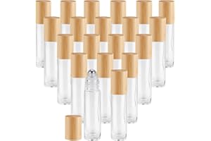 Mirrline 20 Pcs 10ml/0.34oz Roll On Bottles Clear Glass Essential Oil Roller Bottle Refillable Perfume Sample Bottles with Bamboo Lids & Stainless Steel Roller Ball -1 X Opener & 2 X Pipettes
