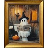 Vintage Golden Framed Halloween Bathroom Print Funny Ghost on Toilet Wall Art Rustic Spooky Halloween Bathroom Wall Decor