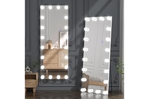 Full Body Floor Mirror, 63" x 20" Light Bulb Floor Mirror with Aluminum Frame, 3 Color LED Lights, Standing Lighted Mirror - 