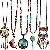 DREMINOVA Bohemian Beaded Necklace for Women Long Boho Pendant Wood Mala Beads Wooden Strand Tassel Stone Bohemian Necklaces for Women Jewelry