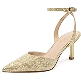 Athlefit Women's Closed Pointed Toe 3 Inch High Heels Ankle Strap Stiletto Heel Wedding Party Dress Pumps Shoes