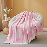 Snuggle Sac Checkered Blanket, Baby Pink Throw Blanket for Couch Plaid Microfiber Fluffy Warm Cozy Fuzzy Soft Throw Blanket Reversible Checkerered Blankets for Sofa, Chair, Bed, 50x60 inches