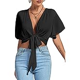 LYANER Women's Deep V Neck Tie Front Knot Wrap Ruffle Short Sleeeve Crop Top Blouse