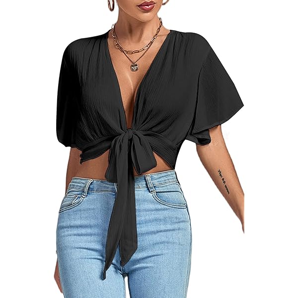 Allegra K Boho Tie Front Crop Tops for Women's Textured Short Bell