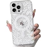 NITITOP Compatible with iPhone 13 Pro Max Case Clear Magnetic Compatible with MagSafe Cute Line Rose Flowers for Women Girls Floral Hard PC Back Shockproof Protective Phone Cover - White