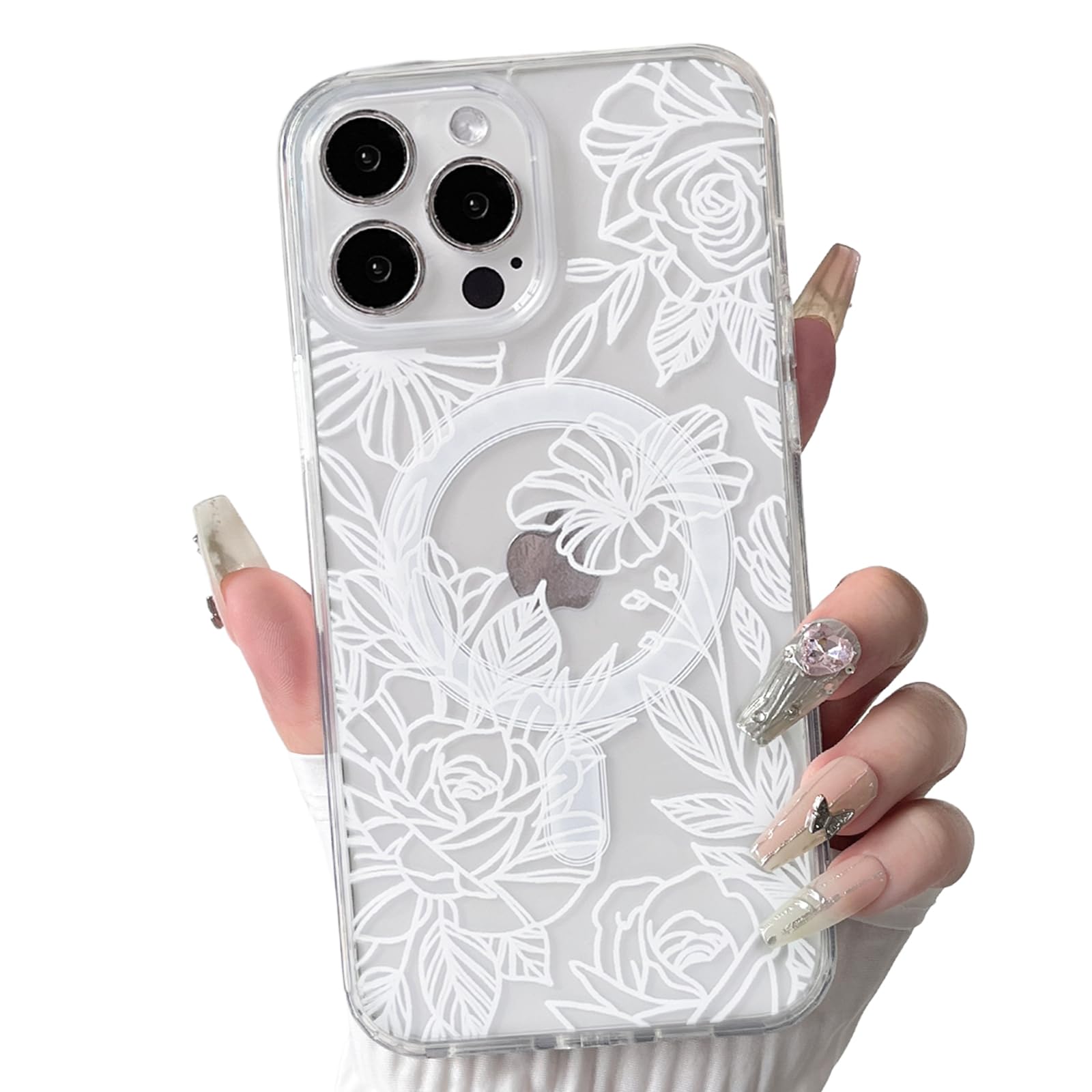 NITITOP Compatible with iPhone 15 Pro Case Clear Magnetic Compatible with MagSafe Cute Line Rose Flowers for Women Girls Floral Hard PC Back Shockproof Protective Phone Cover - White