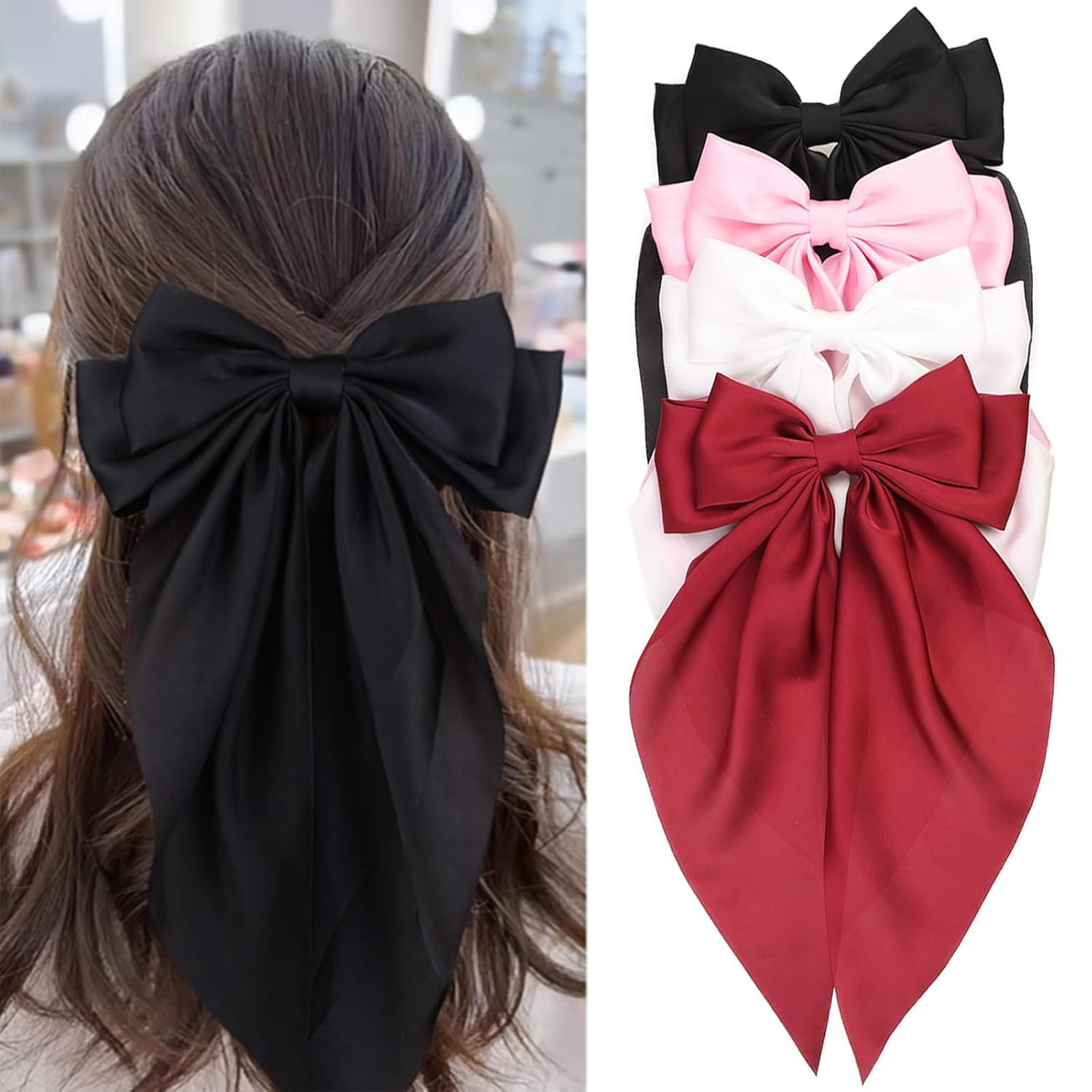 Kesfey 4 PCS Big Bow Hair Clips, Soft Satin Silky Hair Bows Solid Color Hair Clips, French Hair Barrettes with Ribbon for Girls Women(Black, White, Pink and Red)