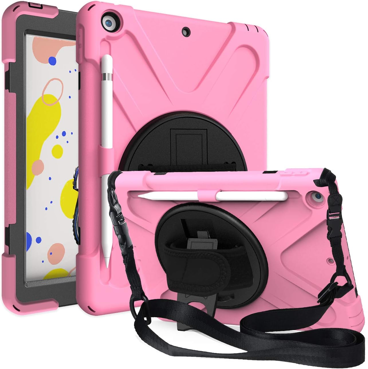 iPad 8th 7th Gen Case 10.2, KIQ Heavy Duty Shockproof Protection, Kickstand, Hand Strap, Pencil Holder Loop, Carry Shoulder Sling for Apple iPad 7/8 10.2" 7th 8th Gen [2019/2020] [Light Pink]