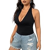 SOLY HUX Women's Plus Size Sexy Halter Deep V Neck Tank Top Backless Sleeveless Slim Fitted Going Out Crop Tops