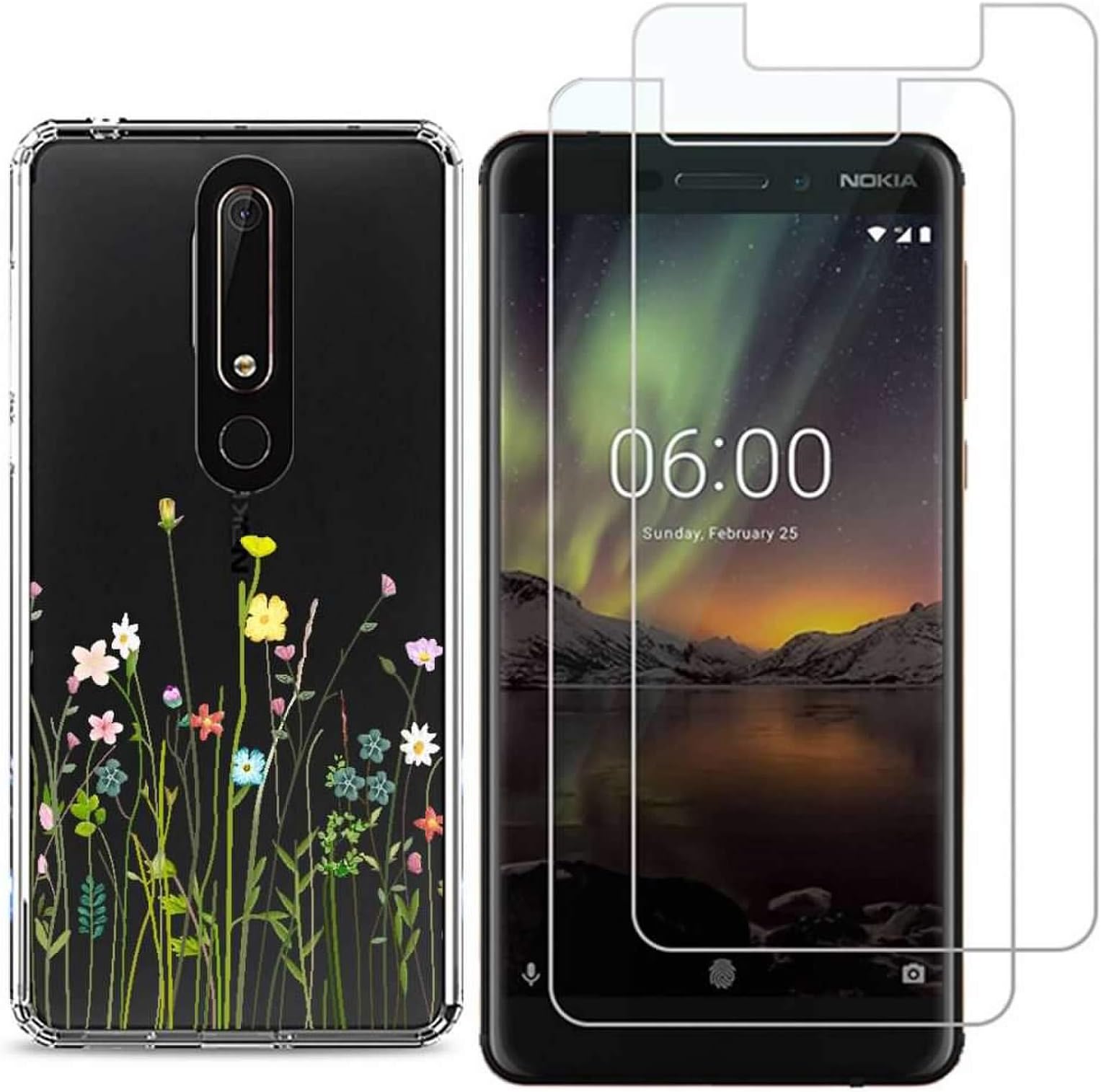 (3 in 1) for Nokia 6.1 Case + (2 Pack) Glass Screen Protector Slim Clear Soft TPU Silicone Phone Case Cover with (Flower…