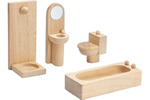 PlanToys Wooden Classic Line of Dollhouse Furniture- Bathroom Set (9014) | Sustainably Made from Rubberwood and Non-Toxic Paints and Dyes | PlanNatural Classic Wooden Toy Collection