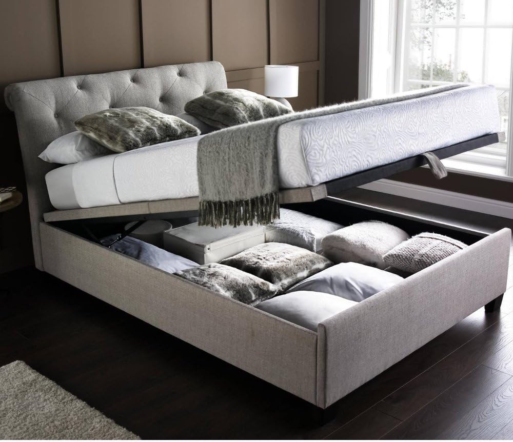 Sleigh Ottoman Bed, Happy Beds Brunswick Linen Neutral Fabric Modern
