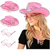 Pumtus 2 Pack Pink Cowgirl Hat with 2 Pcs Heart Glasses, Pink Sequin Cowboy Princess Hat with Crown Tiara Design, Halloween Western Women Costume Accessories, Fun Party Hats and Goggles for Adults