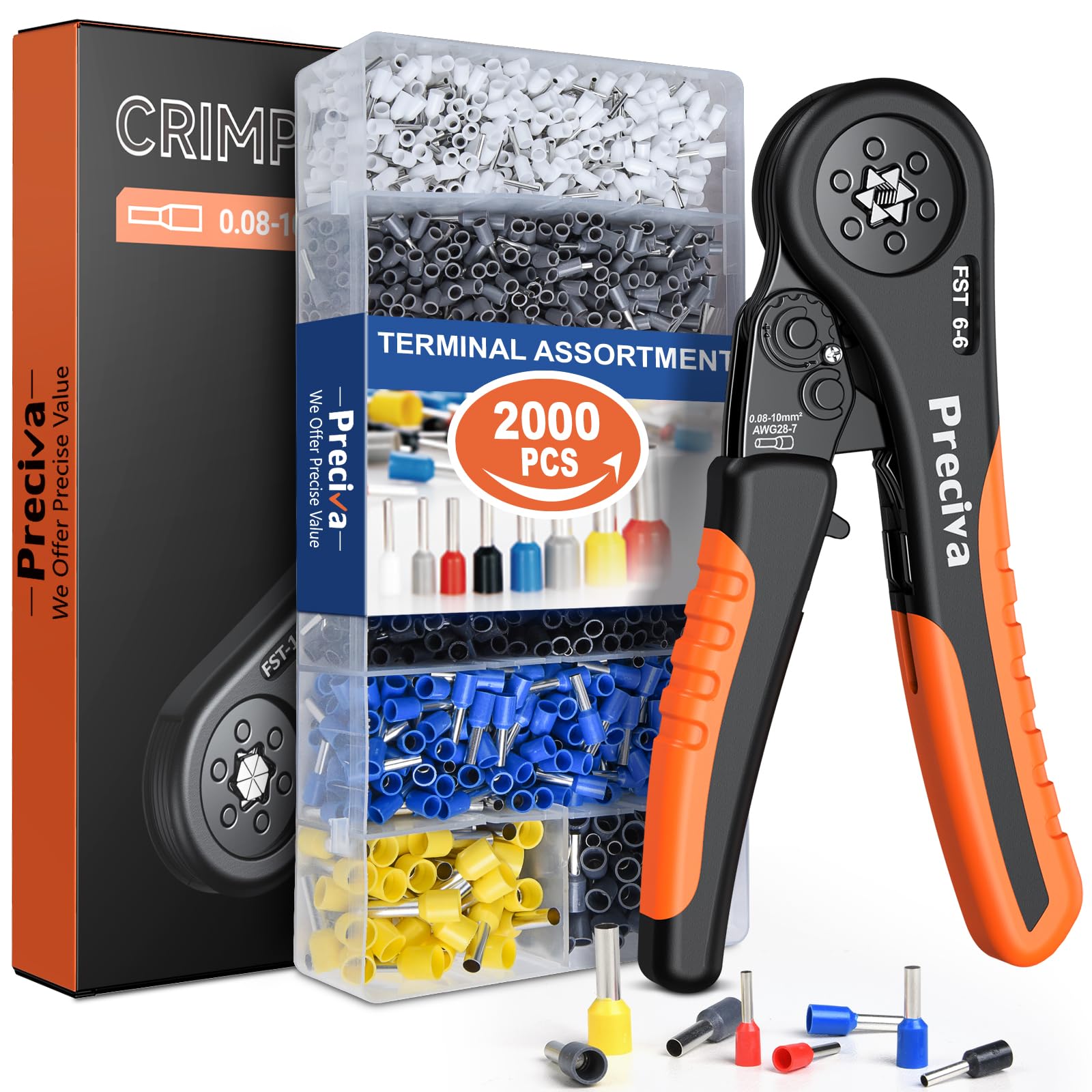Crimping Tool Kit, Preciva Wire Crimper Plier Set, 0.08-10mm²/2000pcs Connectors Self Adjustable, Ratchet Hand Hexagonal Bootlace Ferrule Cable Crimp Terminal Pliers