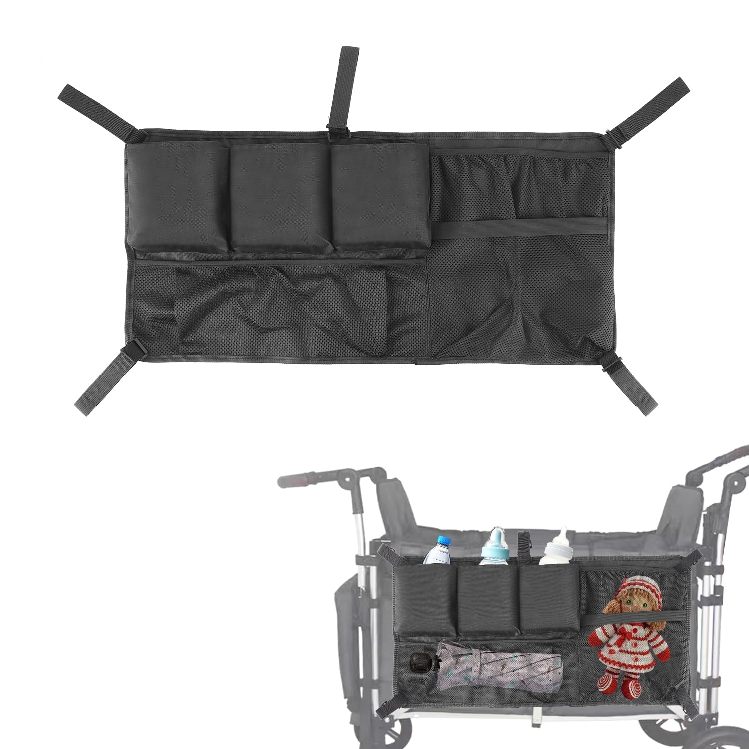 Stroller Wagon Cargo Net, Black Stroller Net Bag Large Capacity Side Sling Stroller Cargo Net Stroller Wagon Accessories Compatible with WONDERFOLD All W-Series Models