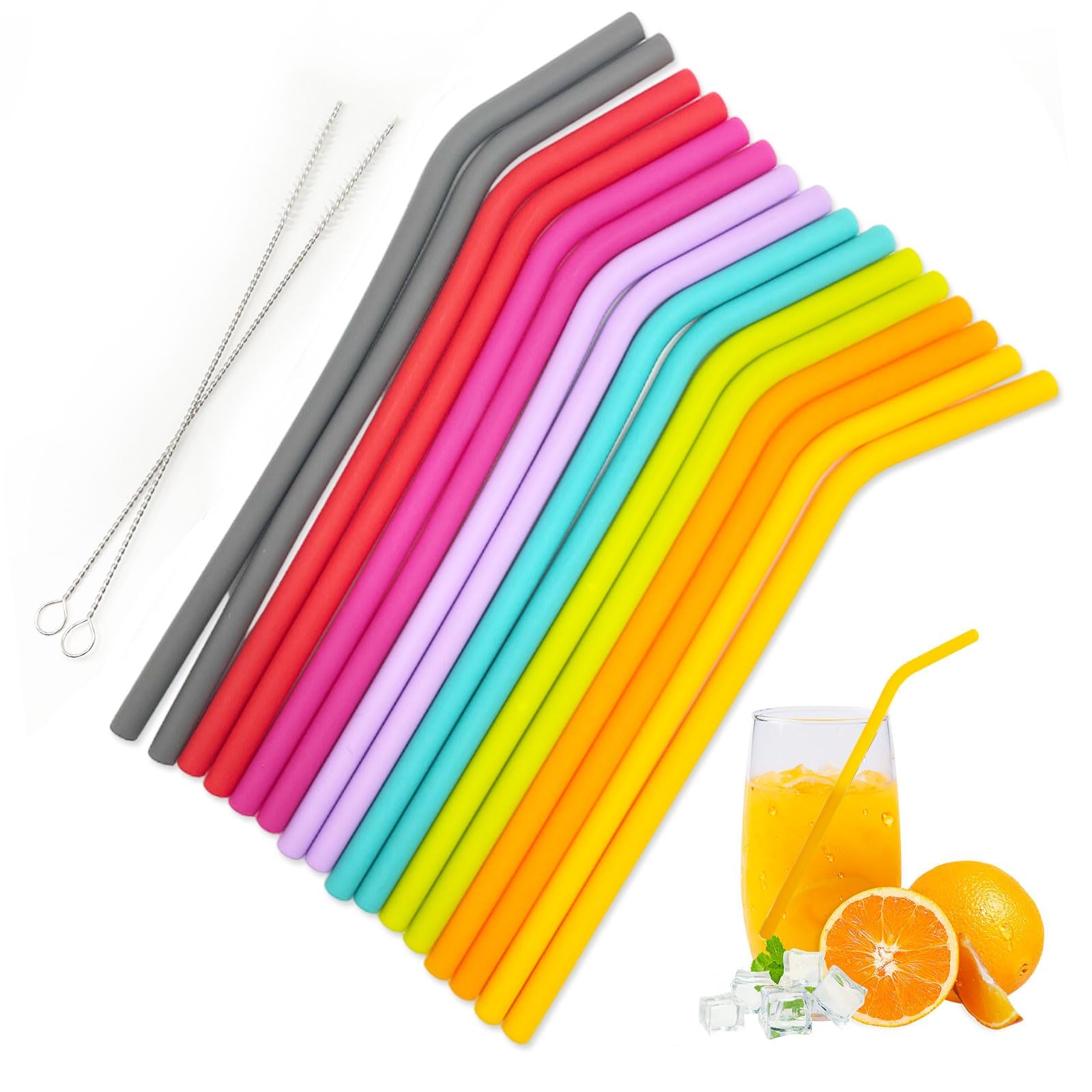 TSHAOUN 16 Pieces Silicone Straws Reusable, Colorful Bend Drinking Straws, Regular Size Replacement Smoothie Straws for Adults, Soft Flexible Rubber Straw with 2 Cleaning Brushes (Multicolor)