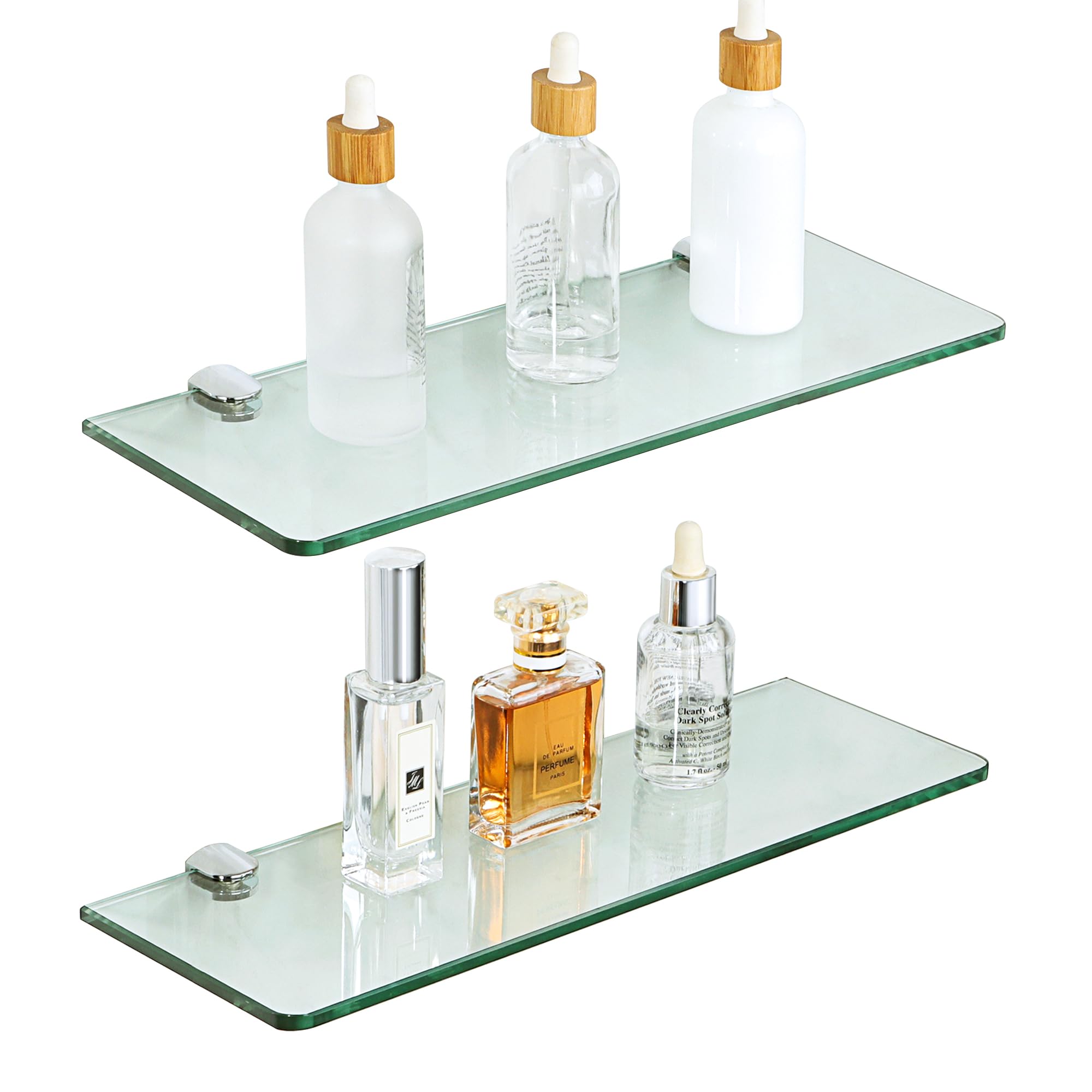 SAYAYO 2 Pack Bathroom Glass Shelf Wall Mounted 7MM Tempered Transparent Glass with Chromed Shelf Brackets 380MM Length, EGBL1012R-C-2P