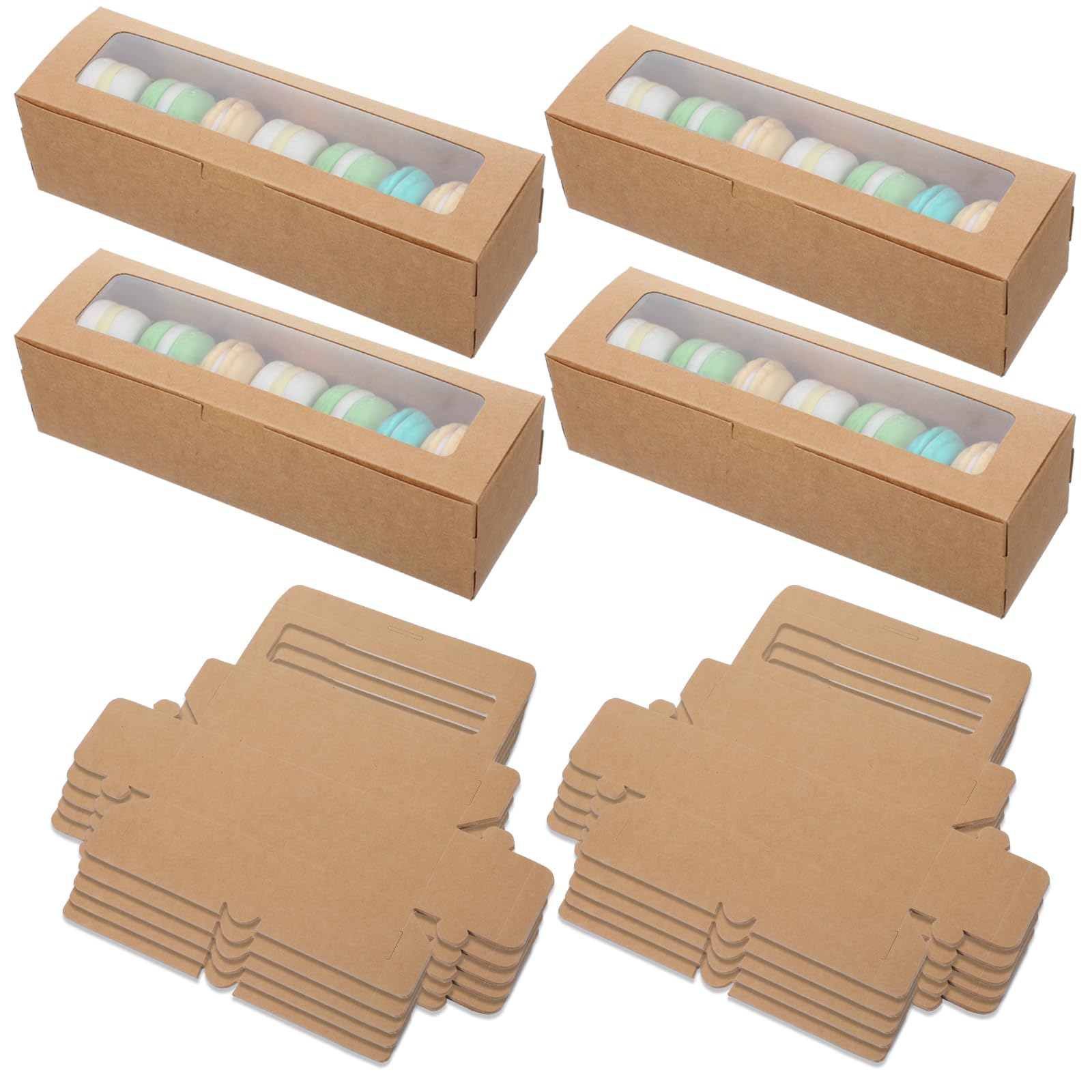 Photo 1 of 100 Pcs Macaron Boxes with Window Bakery Boxes Long Rectangle Treat Containers for Cookies, Donuts, Pastry, Cookies, Chocolate Covered Strawberry, Brown